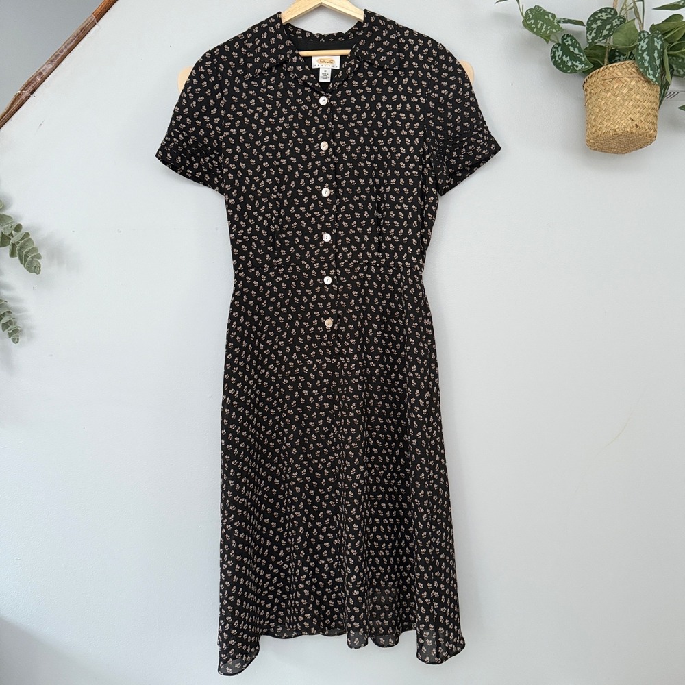 Vtg Talbots Dress Whimsigoth Glam Floral Button Front Short Sleeve Midi Casual